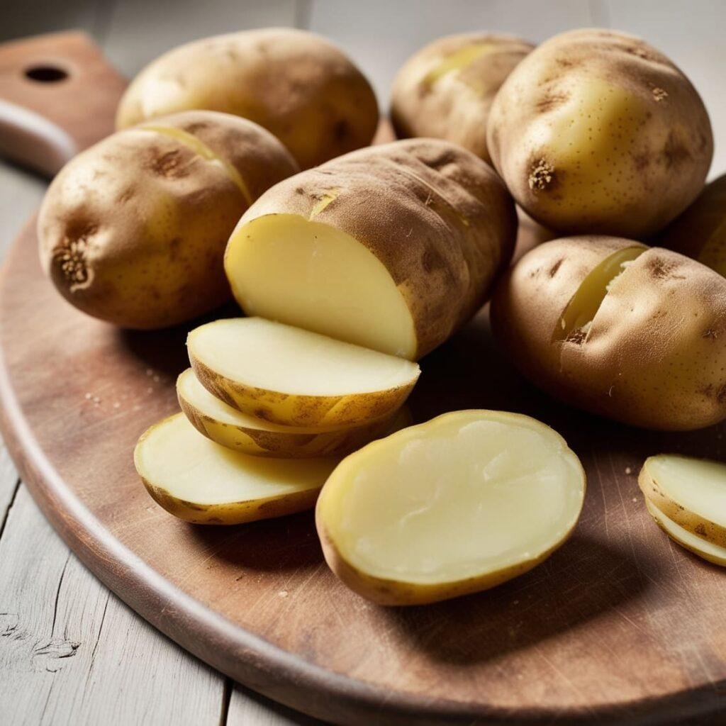 Whole and sliced potatoes with skins, emphasizing the fiber-rich quality of the skin and starchy interior.