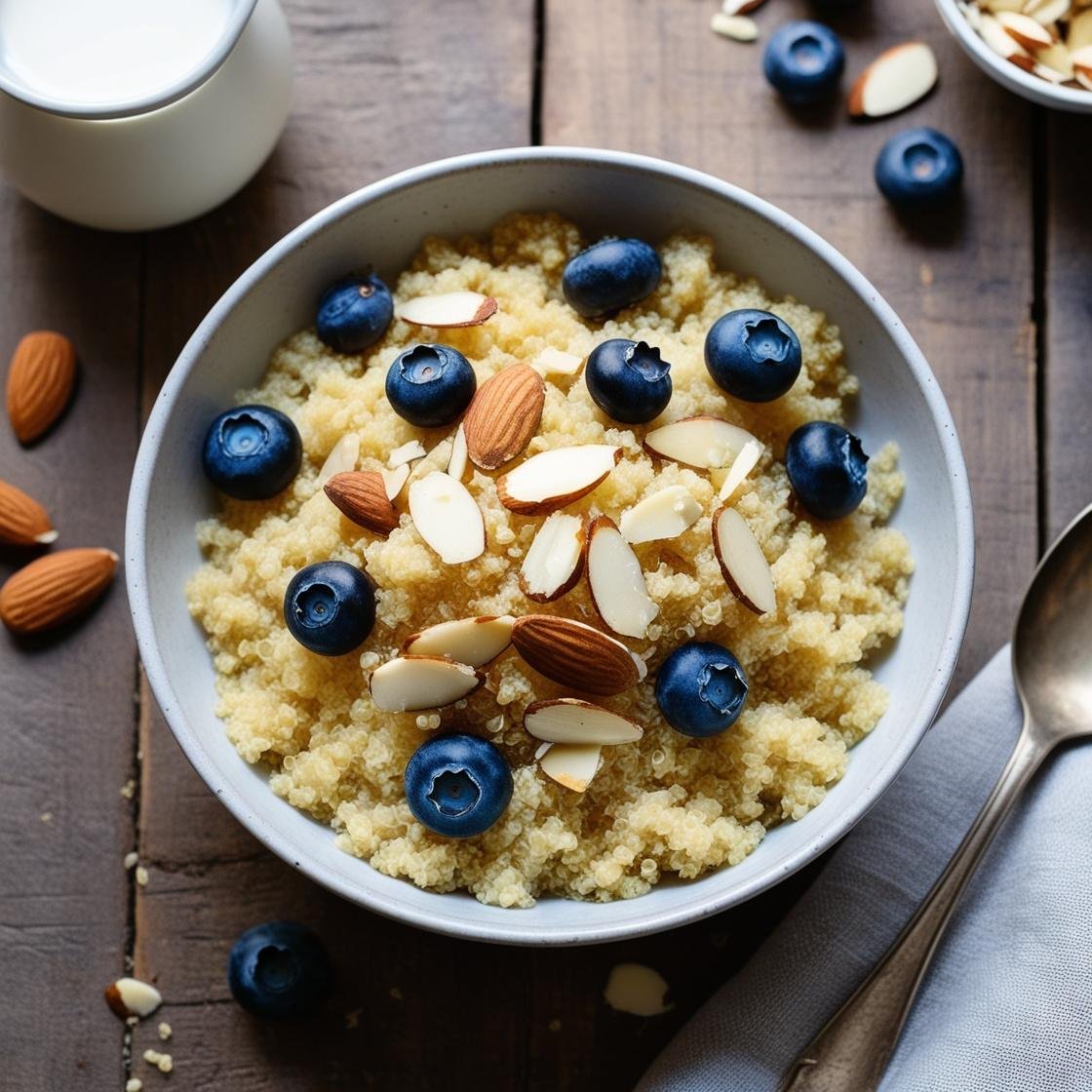 Quinoa bowl topped with almonds and blueberries, served with a spoon.