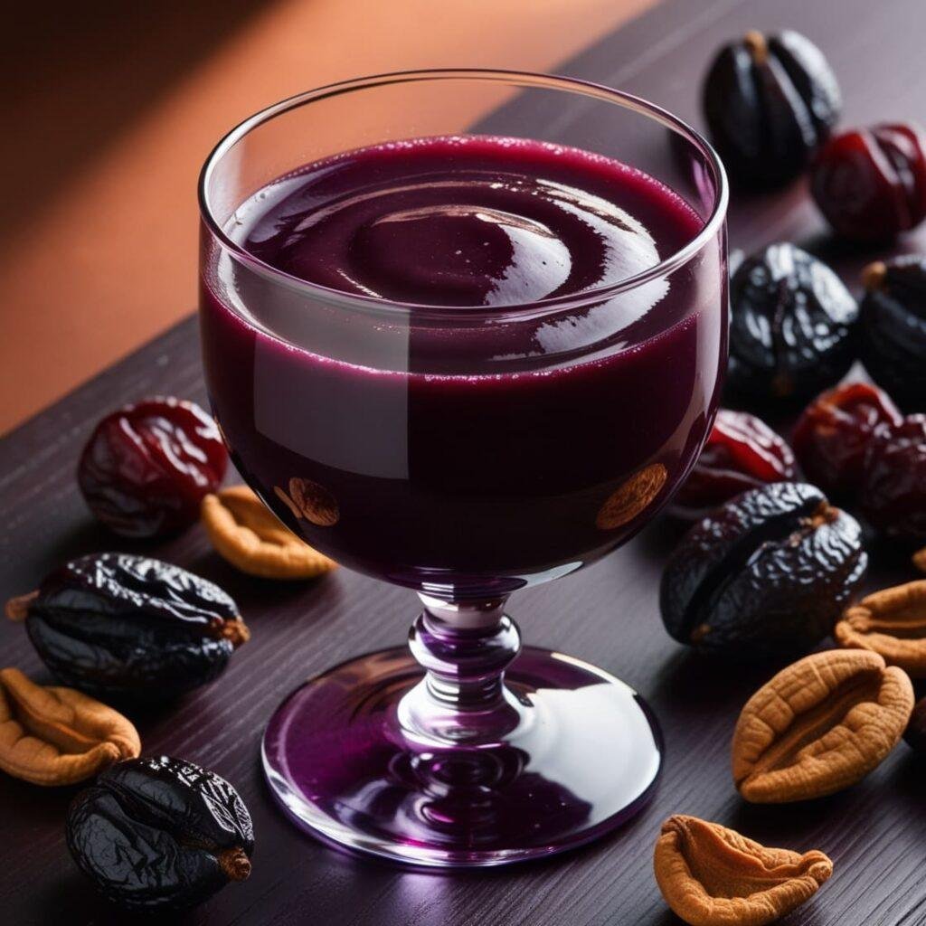 A dark, rich prune juice in a sleek glass, garnished with prunes on a wooden table, creating a warm and earthy atmosphere.