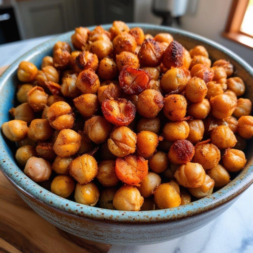 A bowl of golden-brown roasted chickpeas, seasoned with spices, sitting in a cozy kitchen