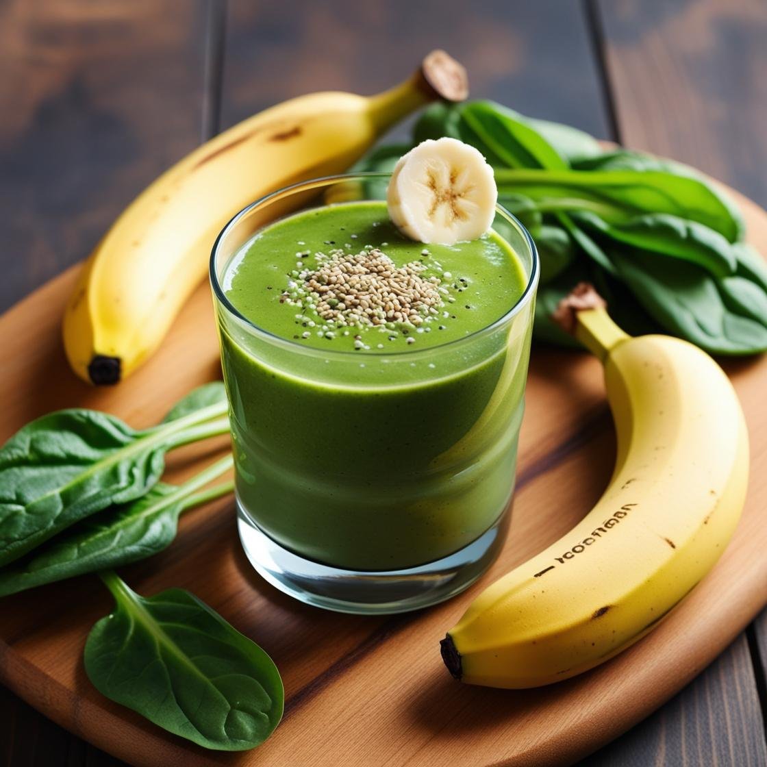 Green smoothie made with spinach, flaxseeds, and banana, served in a glass.