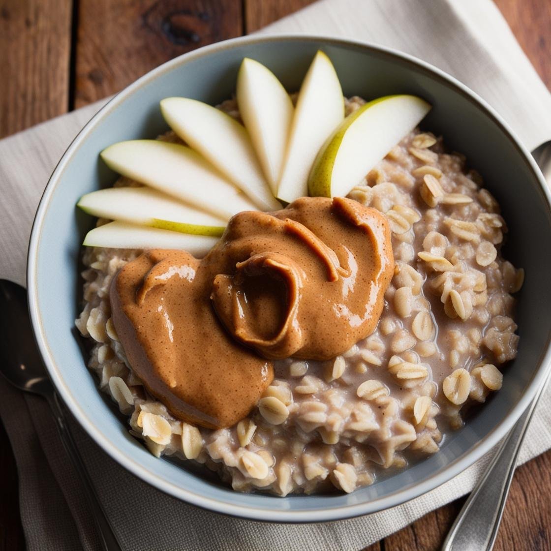 Steel cut oats with almond butter and pear slices in a bowl.