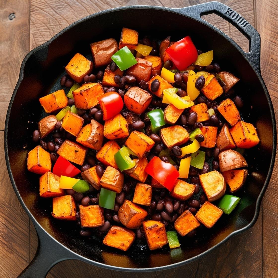 Sweet potato breakfast hash with black beans in a skillet.