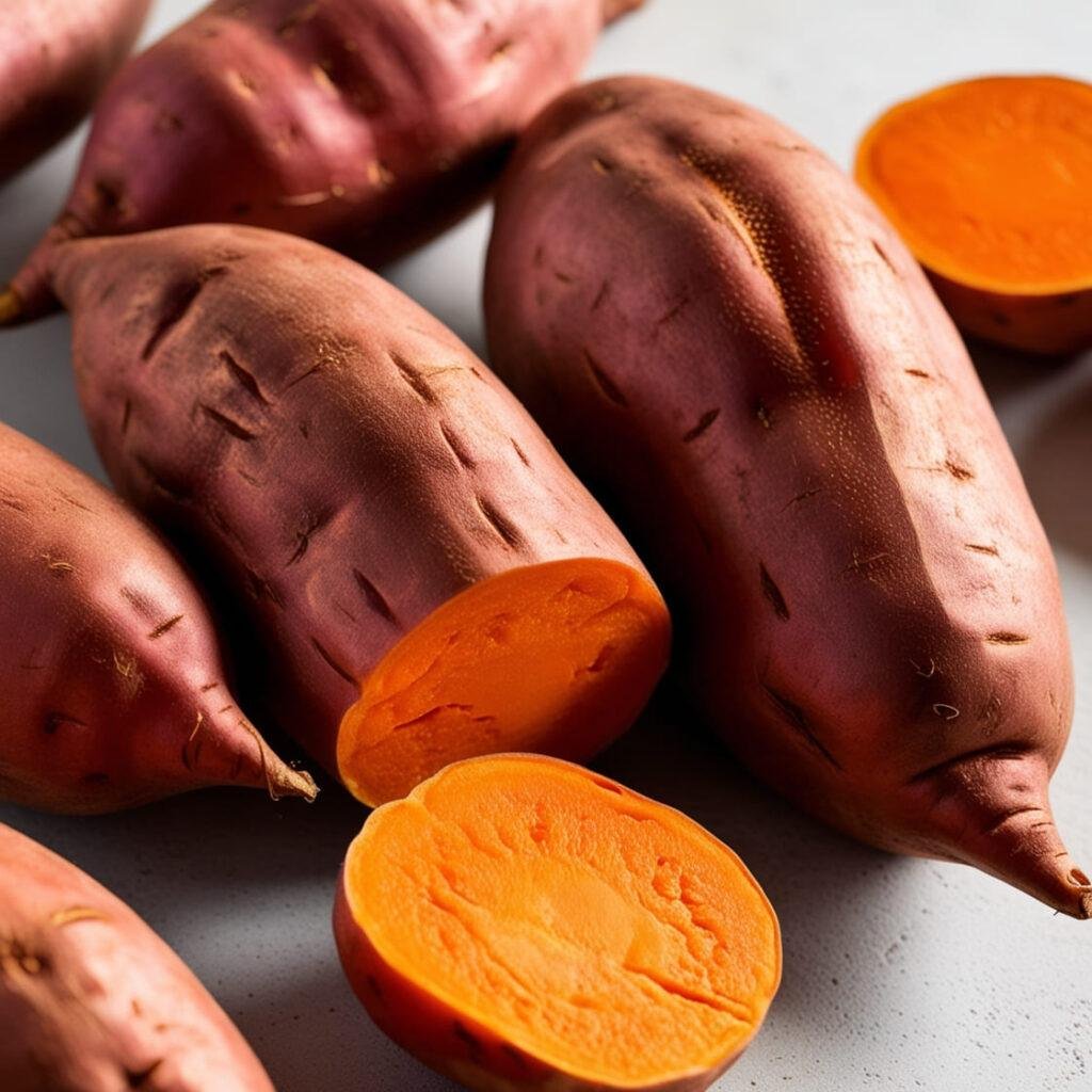 Whole and sliced sweet potatoes with orange flesh, showcasing their fiber and nutrient content.