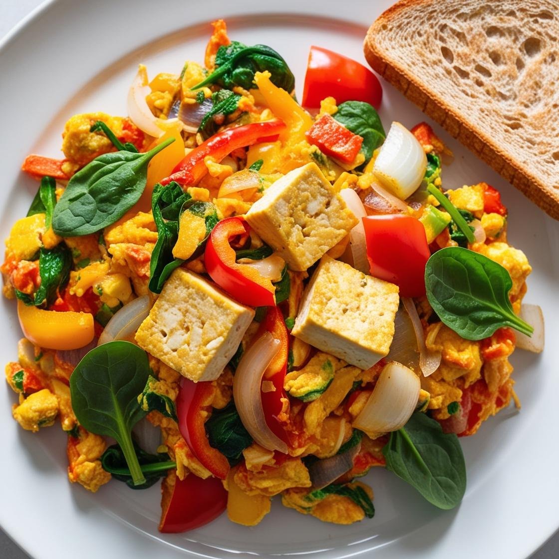 Tofu scramble with vegetables and whole grain toast on a plate.