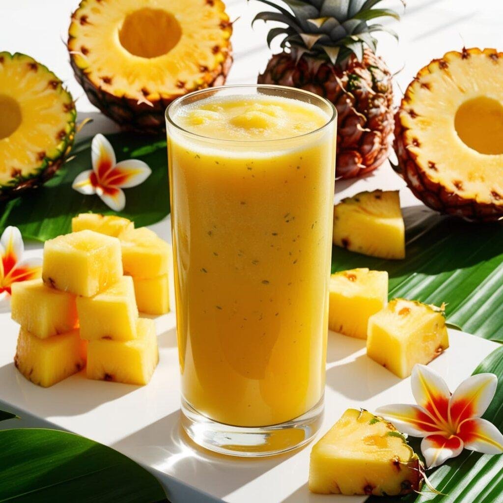 A bright yellow pineapple juice with added fiber, in a glass with a pineapple slice on the rim, on a tropical-themed table with scattered pineapple pieces.