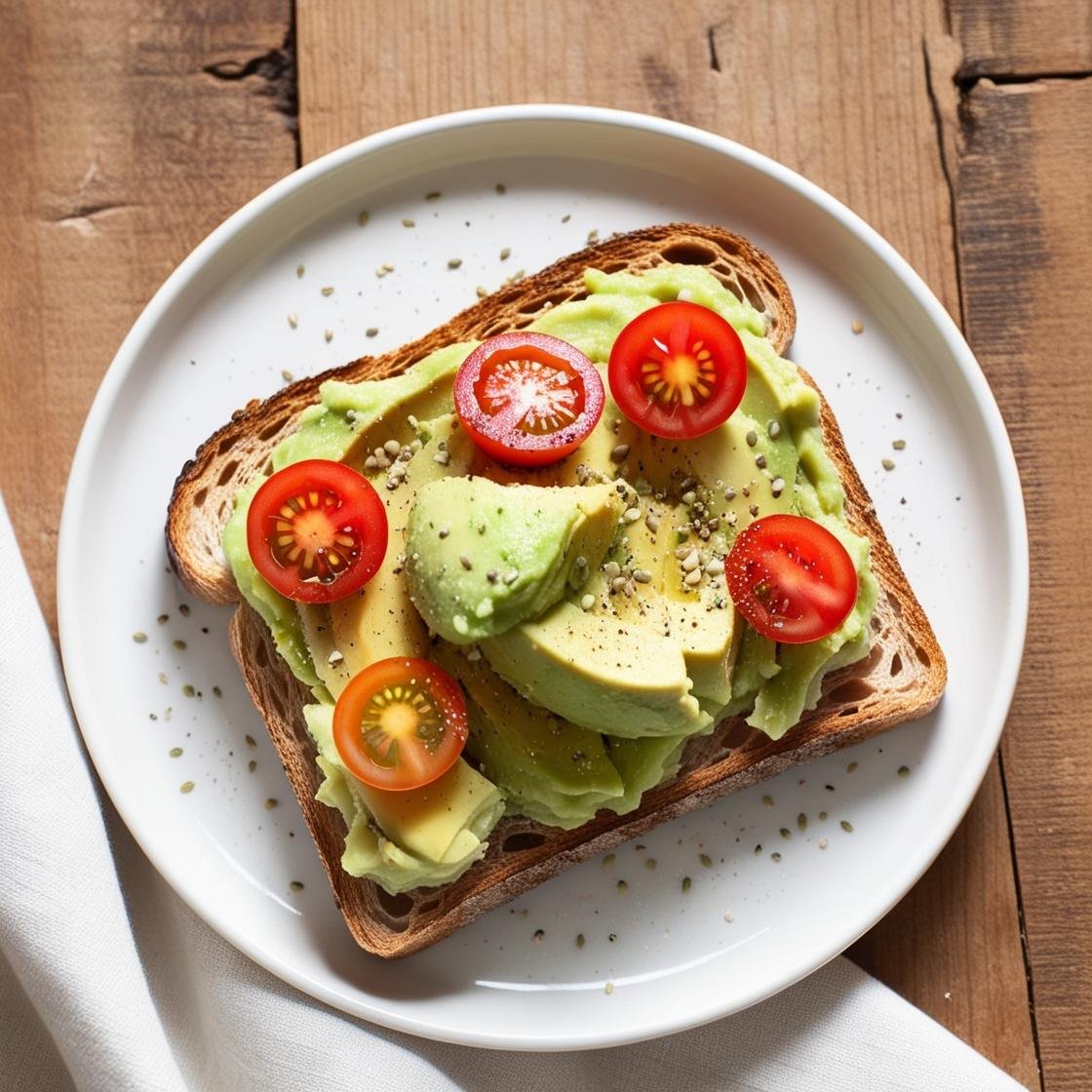 Whole grain avocado toast sprinkled with hemp seeds on a wooden board.