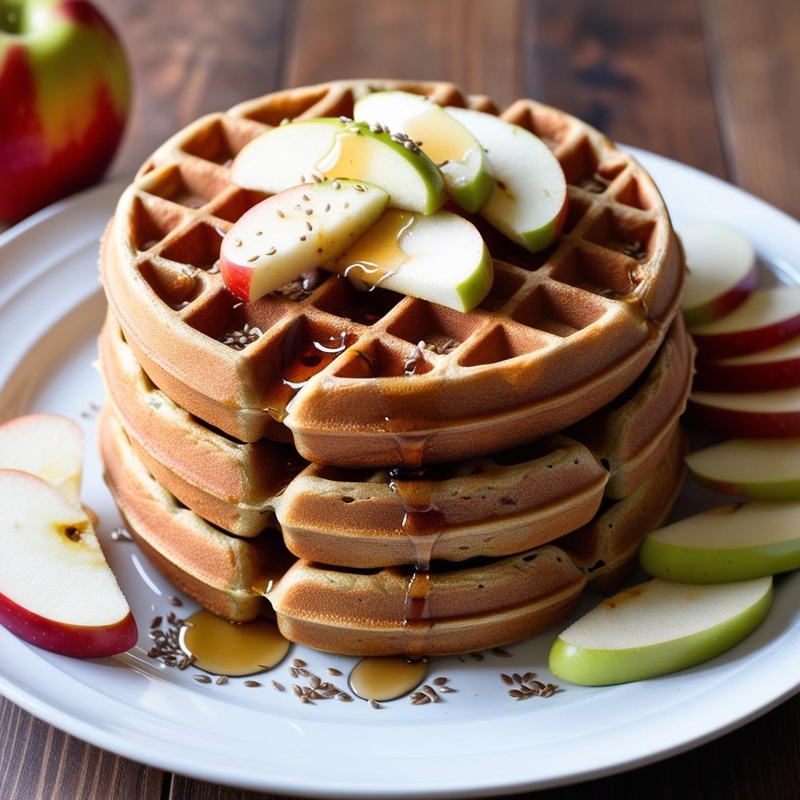 Whole grain waffles topped with flaxseeds and apple slices.