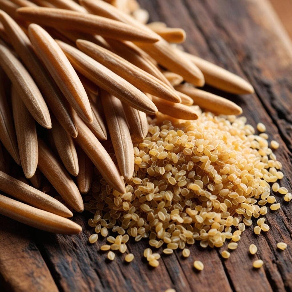 Close-up of whole grains rye and quinoa, showcasing their fiber-dense, earthy textures.