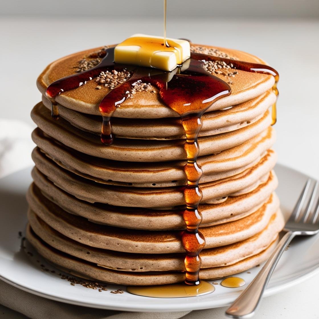 Whole wheat pancakes stacked on a plate with syrup and berries.